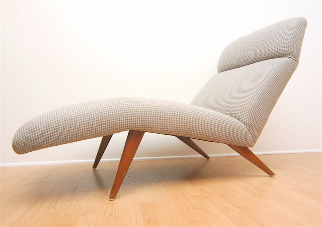 Mid-Century Chaise Lounge Chair Houndstooth Fabric 2