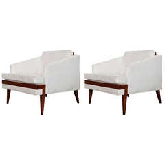 Pair of White and Walnut Lounge Chairs