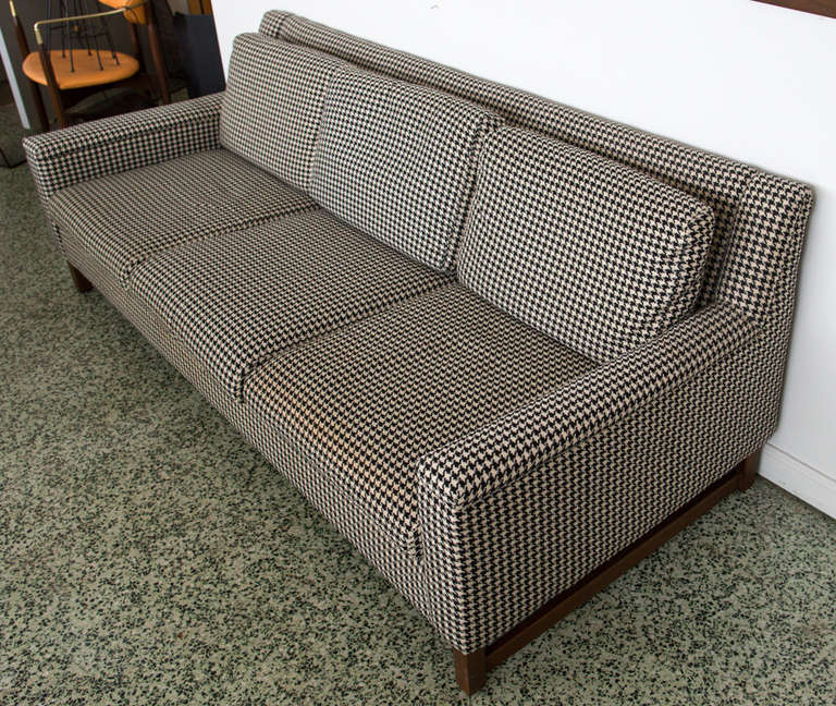 Very unique mid-century houndstooth sofa in original upholstery. Overall good condition with some upholstery wear. Arm height 20