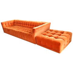 Orange Button Tufted Sofa with Oversized Ottoman