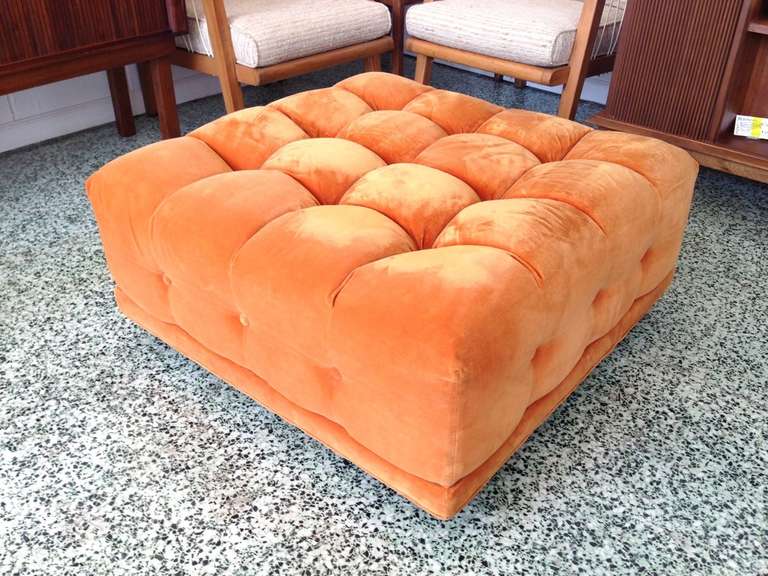 Mid-Century Modern Orange Button Tufted Sofa with Oversized Ottoman