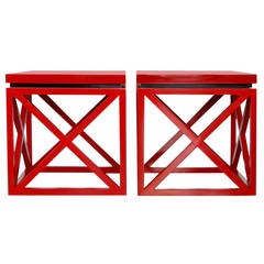 Stunning Pair of Red Lacquer, Midcentury "X" Base Stools