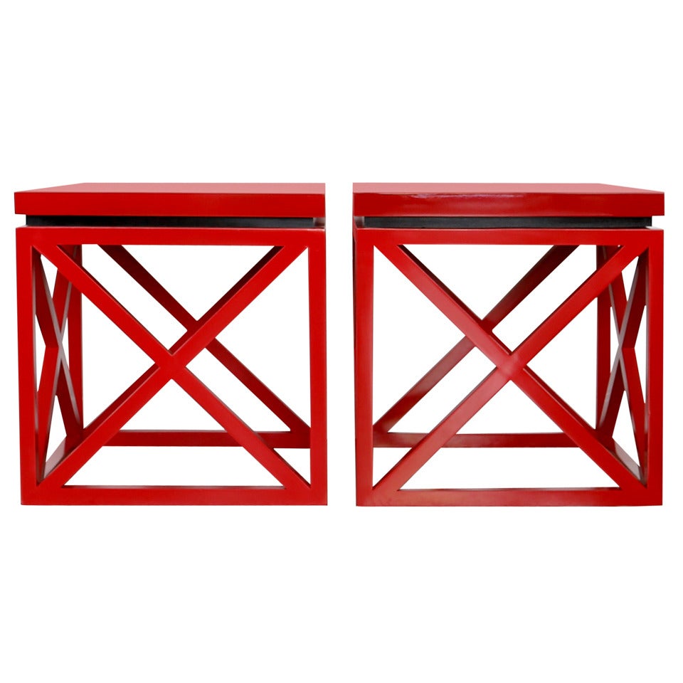 Stunning Pair of Red Lacquer, Midcentury "X" Base Stools