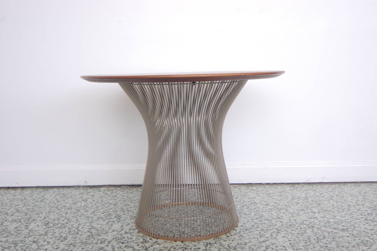 Very nice Warrant Platner for Knoll wood top table with nickel base. Original tag on the underside.