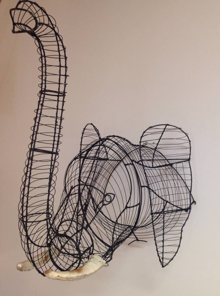 Fantastic wire sculpture of an element head,  free hanging on the wall.  Hand Made for a botanical garden to be used as topiary models, this is a full head and ears with trunks made of plaster.    Metal wire and enamel painted black.