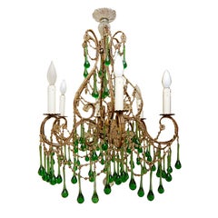 Vintage Italian Gilt 6 Arm Chandelier with Green Drops and Crystal
