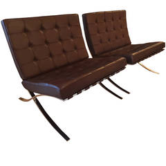 Pair of Barcelona Brown Leather Chairs by Mies Van Der Rohe for Knoll