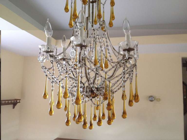Mid-20th Century Tear Drop Glass and Crystal Chandelier Murano Venini Style