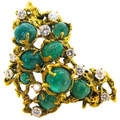 Arthur King Brutalist Emerald Diamond Gold Pendant Brooch