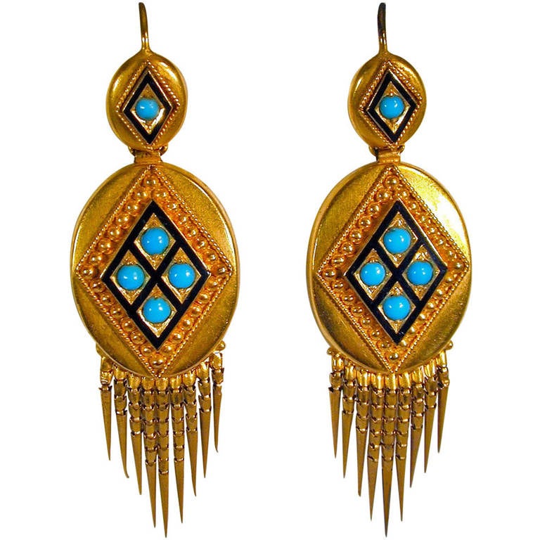 Antique Enamel Turquoise Gold Fringe Earrings