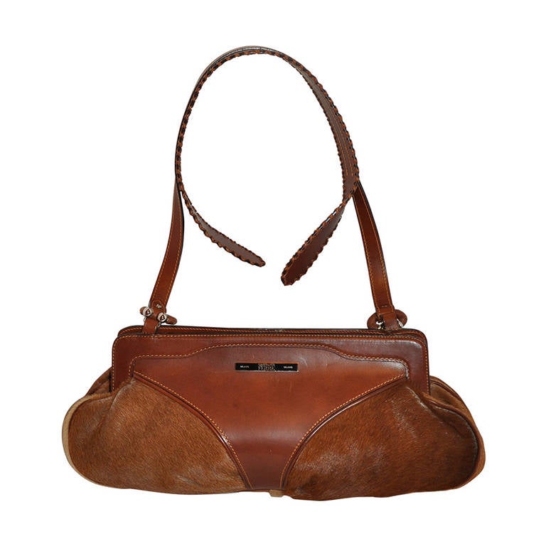 Gianfranco Ferre Warm Brown Leather and Pony Shouler Bag For Sale