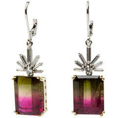 28.04 Carat Watermelon Tourmaline 1.20 Carat Diamond Gold Drop Earrings