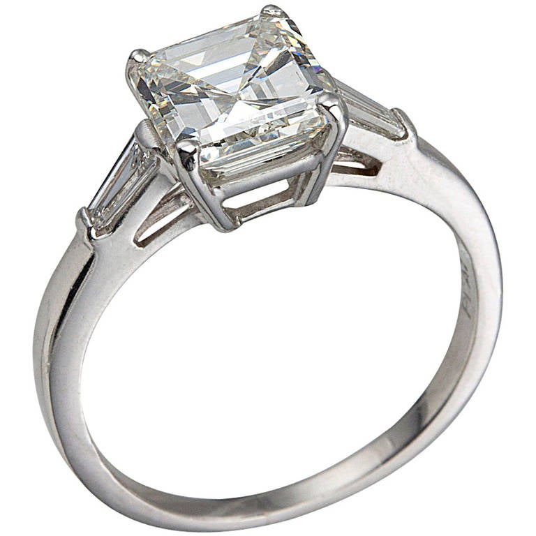 2.02 Carat Square Emerald Cut Diamond with Tapered Baguettes 1940s