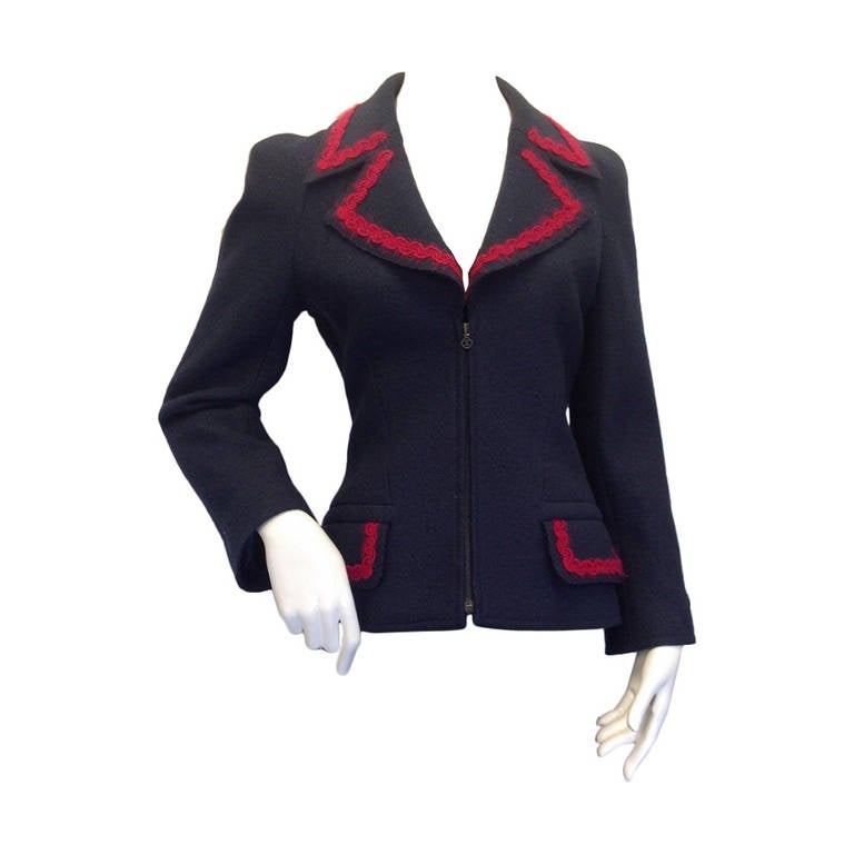 Chanel Navy Wool Blazer with Zip For Sale