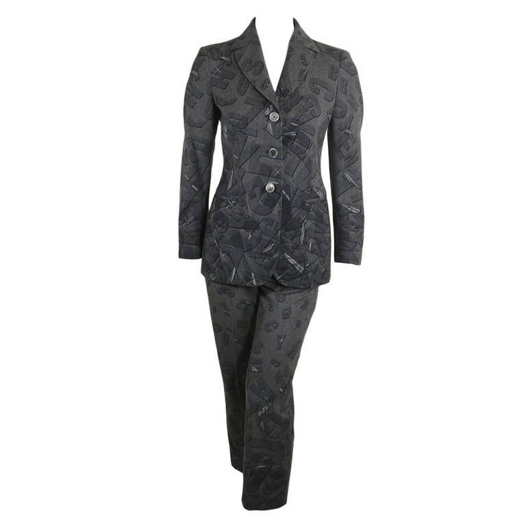 Moschino 1990s Gray Alphabet Soup Wool Suit For Sale