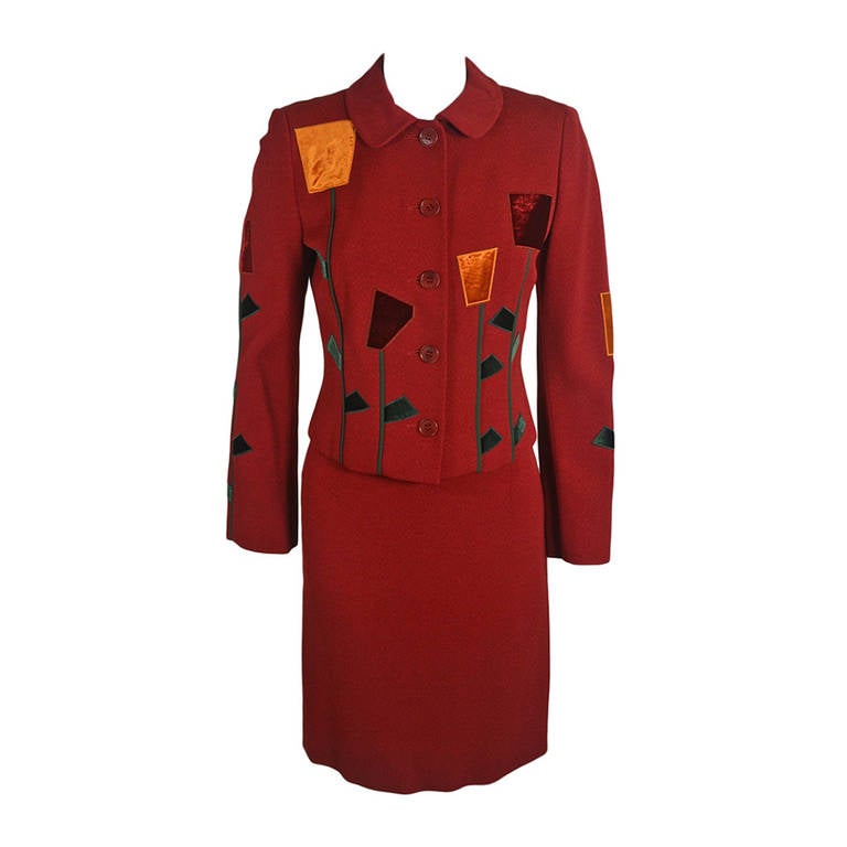 Moschino 1990s Red Tulip Skirt Suit Ensemble For Sale