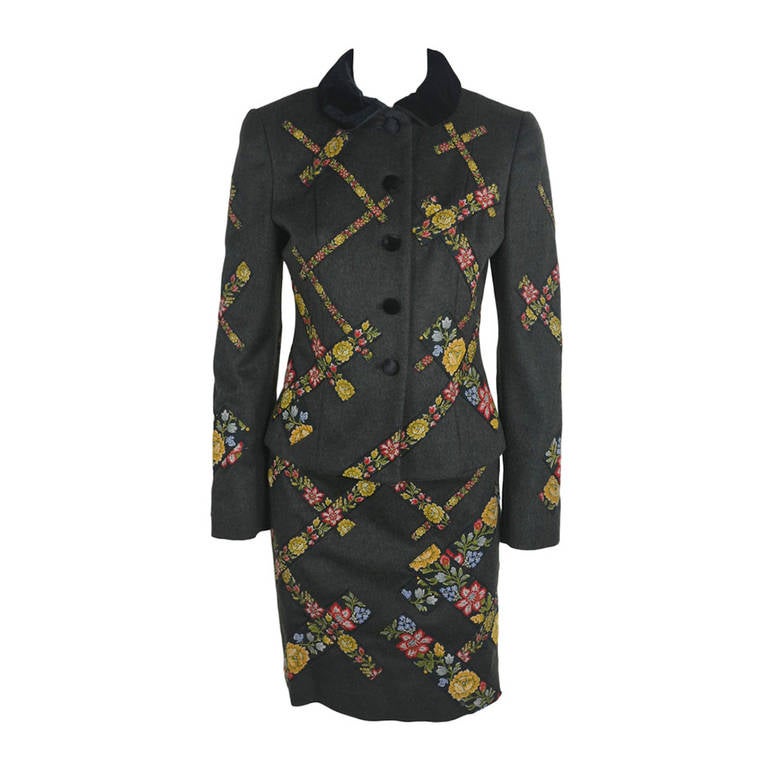 Moschino 1990s Floral Ribbon Appliqué Wool Suit For Sale