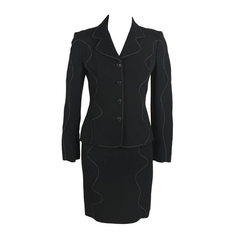 Moschino 1990s Black Baste Stitch Skirt Suit For Sale
