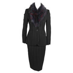Vintage Moschino 1990s Maribou Trimmed Pinstripe Skirt Suit