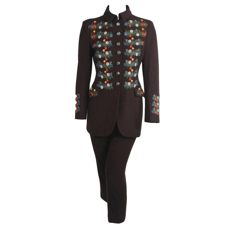 Moschino 1990s Brown Tyrolean Motif Tweed Suit For Sale