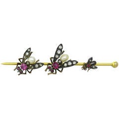 Victorian Antique Ruby Diamond Silver Gold Fly Brooch Pin