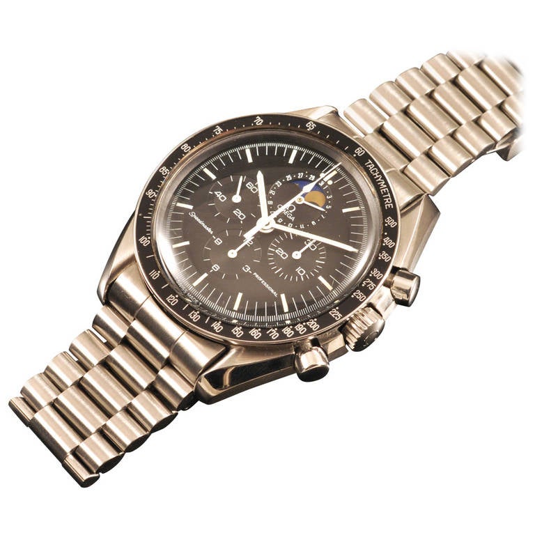Omega Stainless Steel Speedmaster Moonphase Wristwatch circa 1986 For Sale