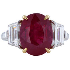 5.45 Carat Burma Ruby Diamond Three Stone Ring