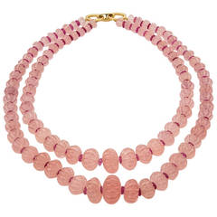 Carved Rose Quartz Ruby Rondelle Bead Necklace