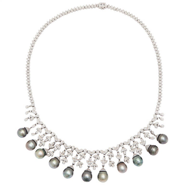 Tahitian Black Pearl Diamond Fringe Necklace