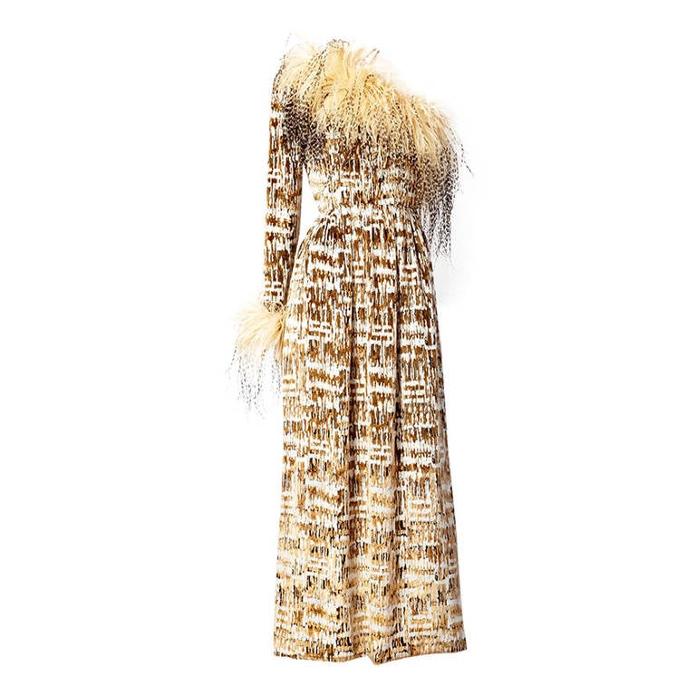 Bill Blass velvet one shoulder gown with ostrich feathers