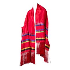 Vintage Yves Saint Laurent Red Silk Stripe Fringe Shawl Scarf Evening Wrap YSL