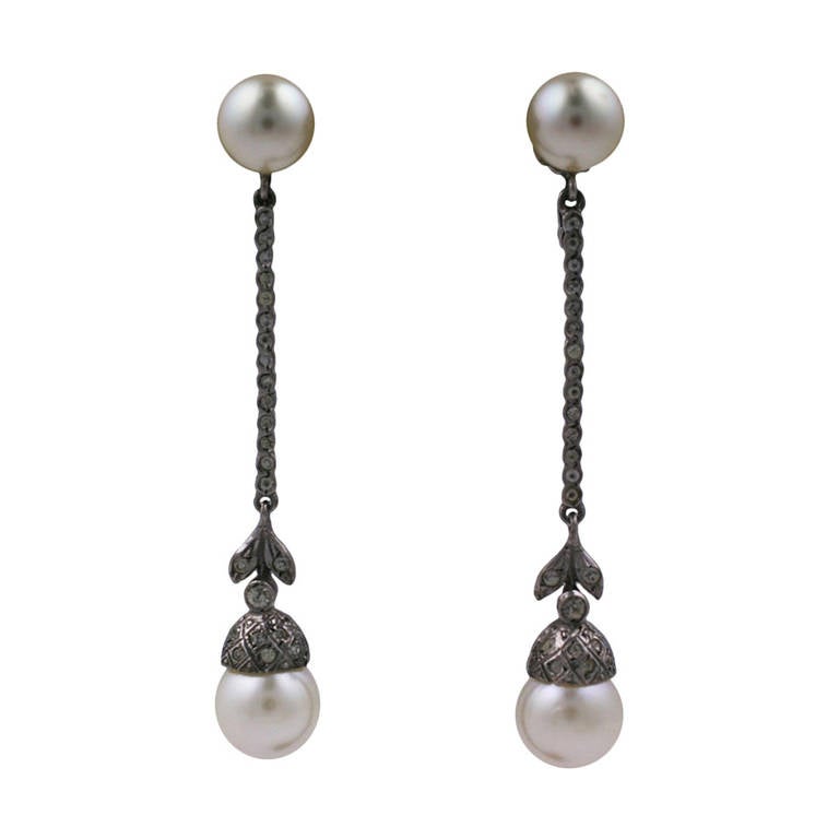 Art Deco Sterling Silver Paste and Pearl Long Earrings For Sale