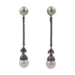Antique Art Deco Sterling Silver Paste and Pearl Long Earrings
