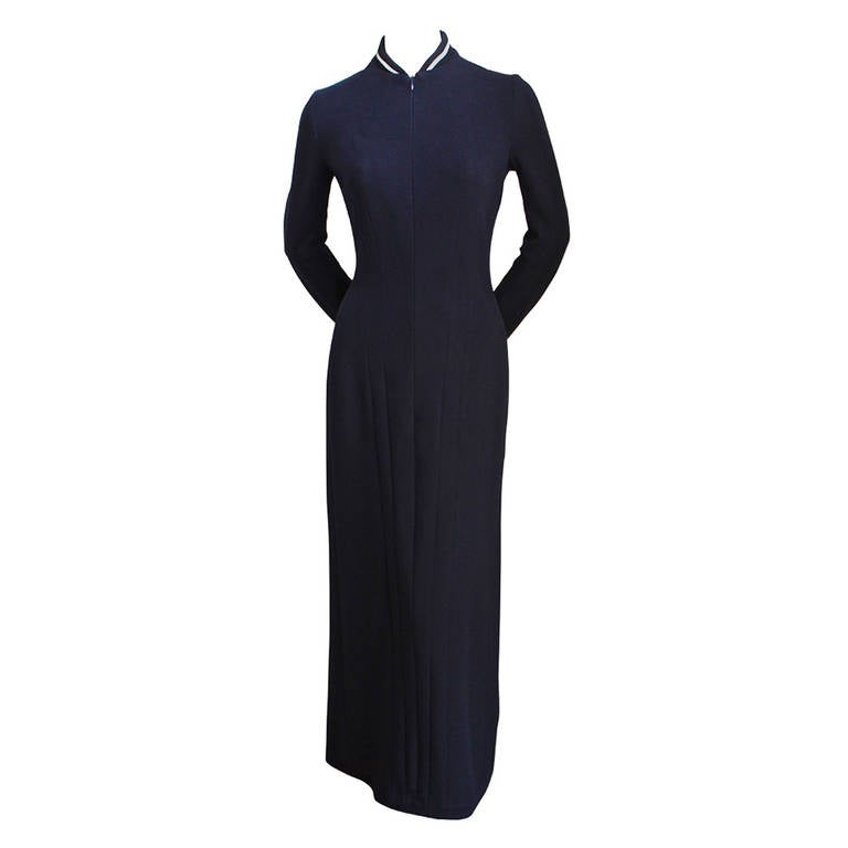 2001 YOHJI YAMAMOTO navy blue seamed wool runway dress with striped collar