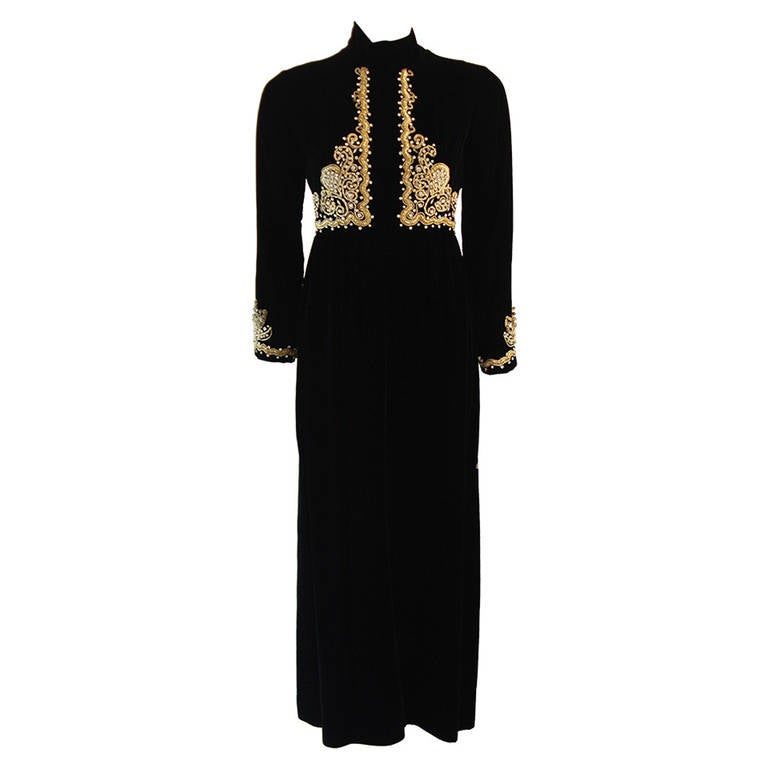 Brilliant Black Velvet Rhinestone Embellished Gown For Sale