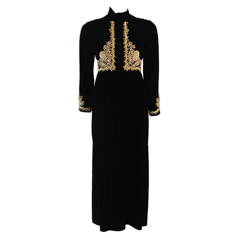 Brilliant Black Velvet Rhinestone Embellished Gown For Sale at 1stDibs