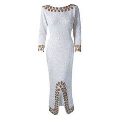 Vintage 1950's Imperial Iridescent-White Beaded Sequin Wool Knit Hourglass Evening Gown