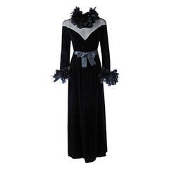 1960's Oscar de la Renta Black Illusion Silk-Velvet & Feathers Evening Gown
