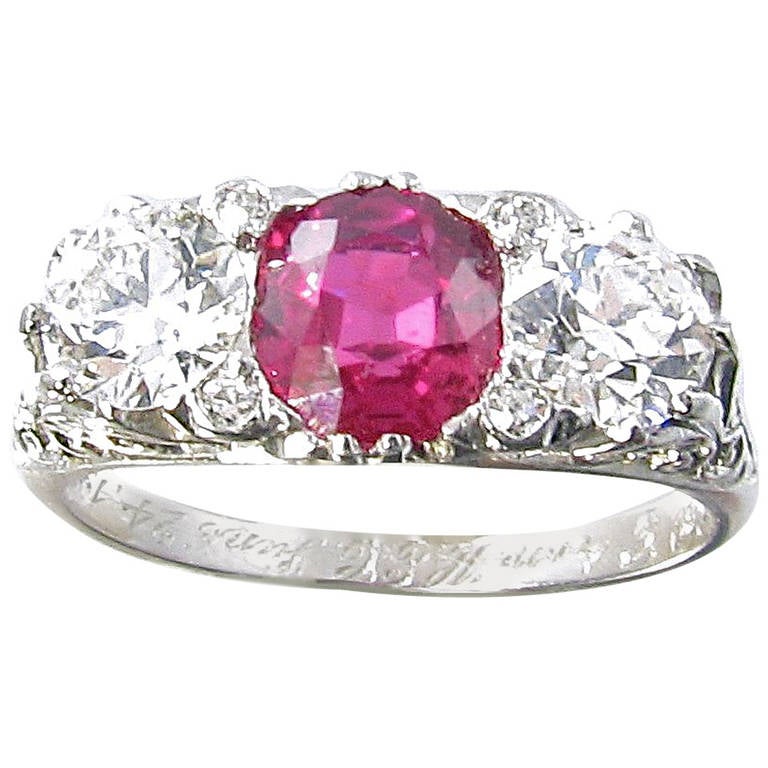 A Gorgeous Ruby Diamond Platinum Three Stone Ring