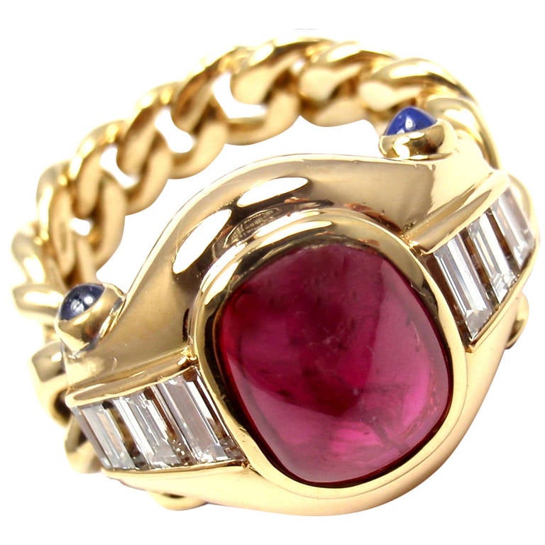 Bulgari Ruby Sapphire Diamond Yellow Gold Band Ring at 1stDibs