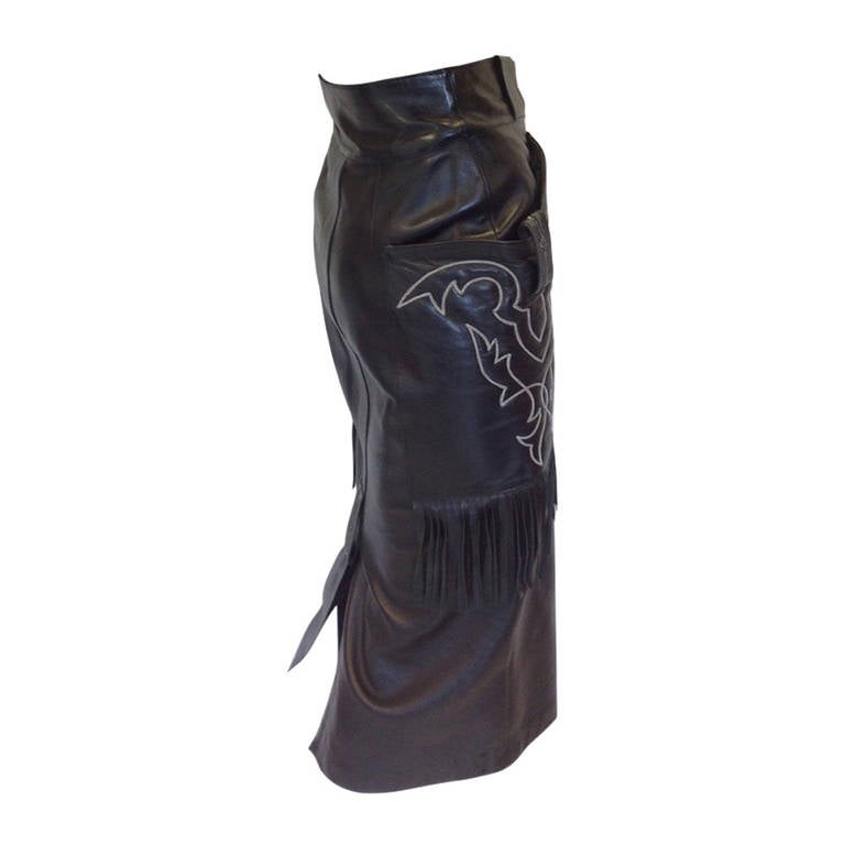 Claude Montana for Ideal Cuir Paris Black Fringed Western Leather Skirt