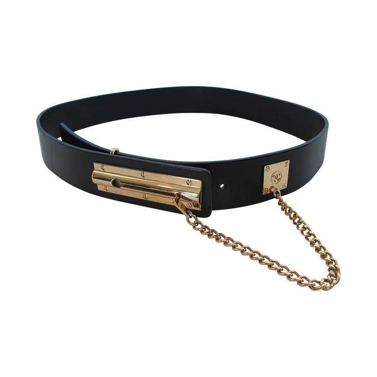 Chanel Black Leather Belt with Gold-tone Sliding Chain Lock For Sale at ...
