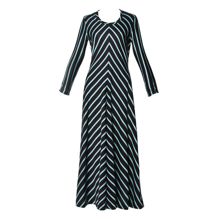 Mam'selle Vintage 1970s 70s Long Blue + Black Chevron Striped Maxi Dress
