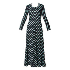 Mam'selle Vintage 1970s 70s Long Blue + Black Chevron Striped Maxi Dress