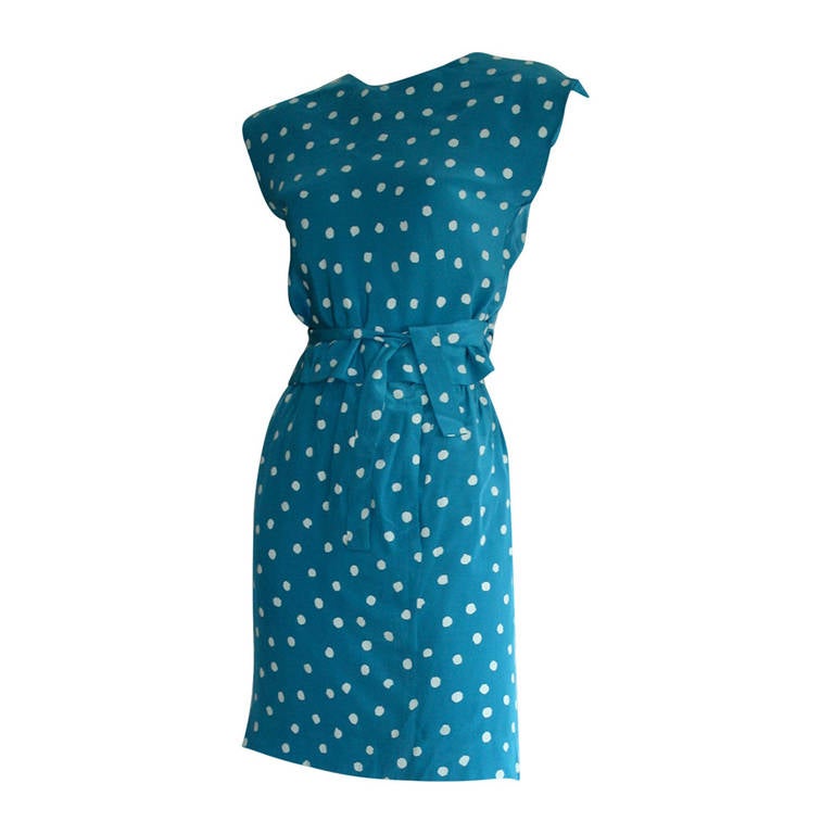 Oscar de la Renta - Ensemble chemisier portefeuille à pois bleu vintage