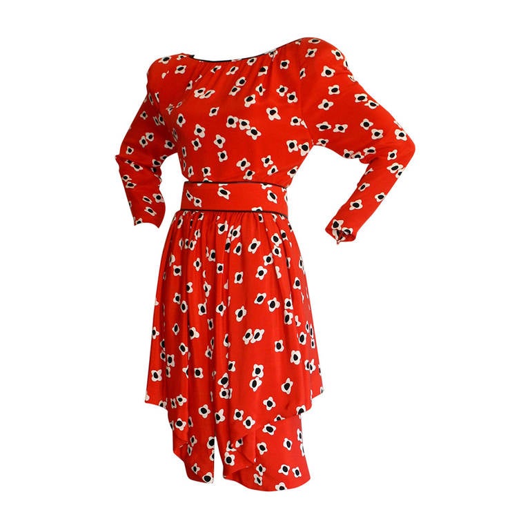 James Galanos Vintage Red Poppy Print Belted Silk Dress