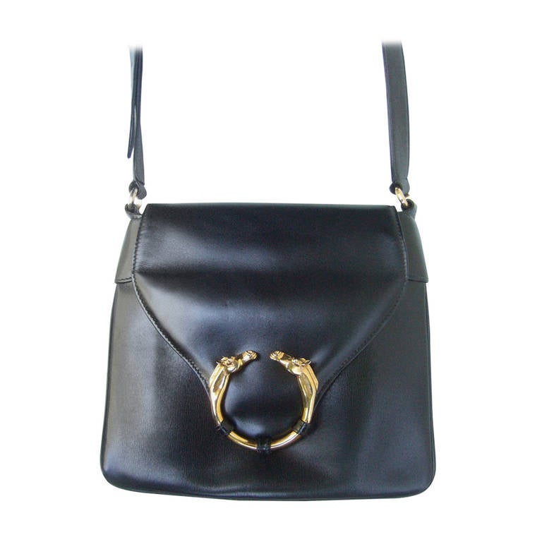 GUCCI Extremely Rare Ebony Leather Equestrian Emblem Handbag c 1970s
