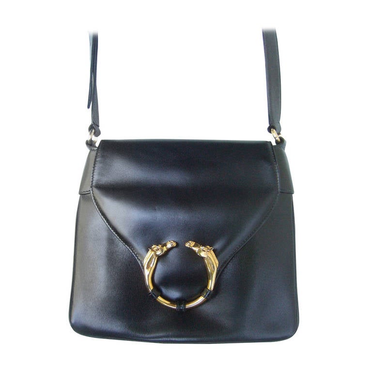 GUCCI Extremely Rare Ebony Leather Equestrian Emblem Handbag c 1970s For Sale