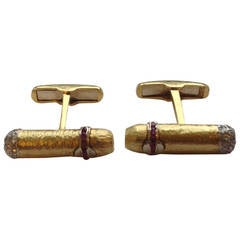 1950s Whimsical Textured Ruby Diamond Gold Cigar Cufflinks
