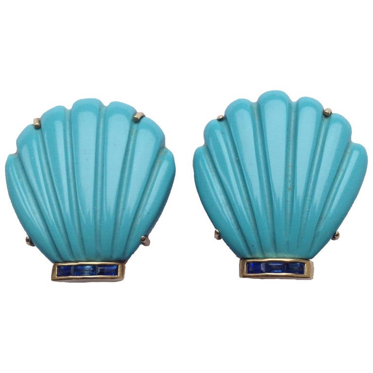 1960s Carved and Fluted Turquoise Sapphire Shell Earclips